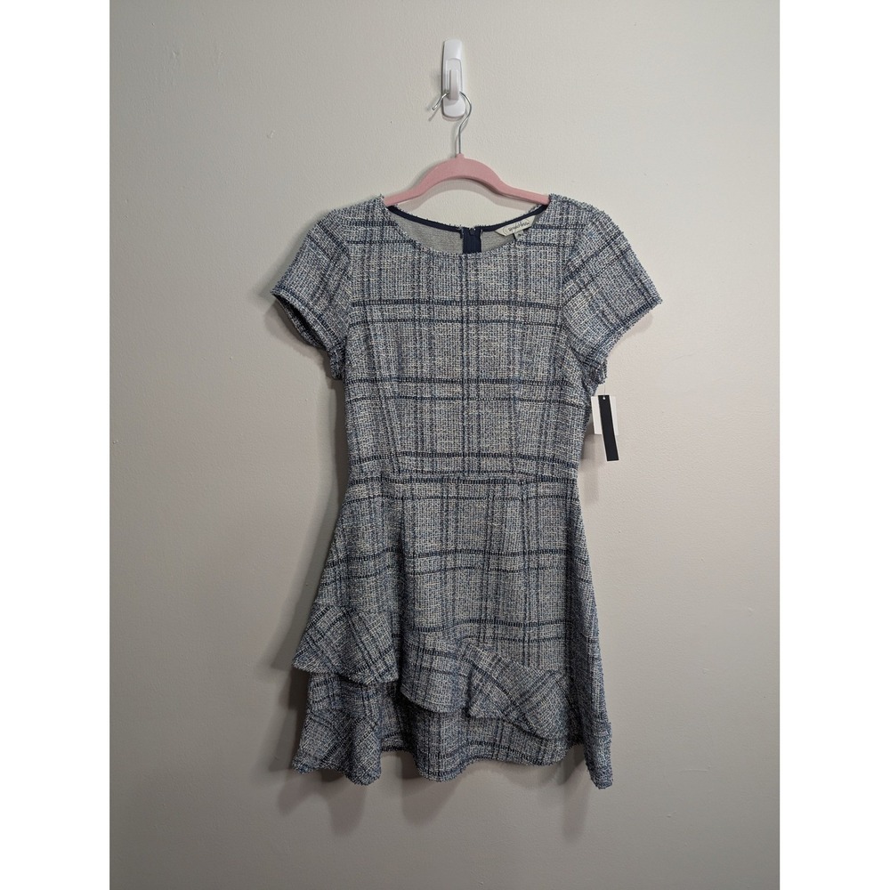 Speechless Womens Ivory Teal Blue Plaid Tweed Ruffle Fit Flare Dress JA33183J815